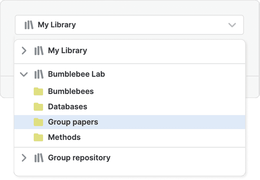 The popup’s library selector open, listing My Library, the expanded Bumblebee Lab shared library with its Bumblebees, Databases, Group papers and Methods folders, and Group repository.